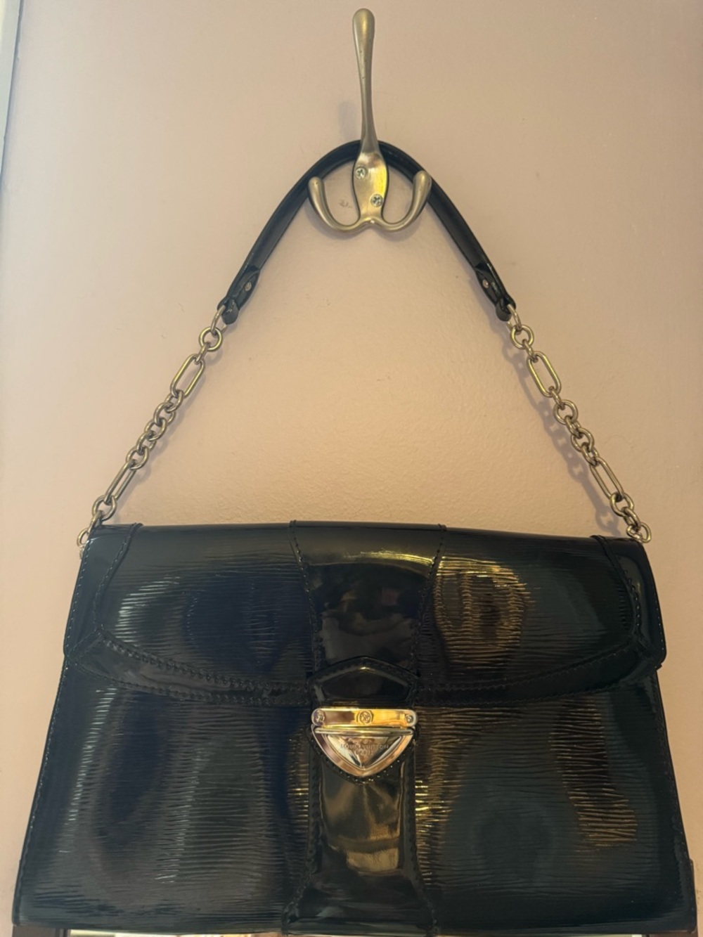 Louis Vuitton Black Patent Leather Clutch with Chain Strap